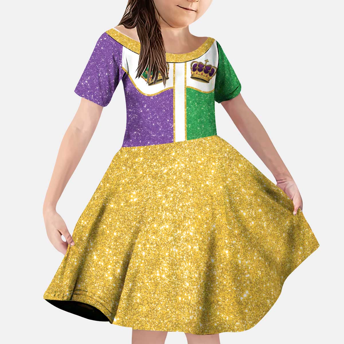 Mardi Gras Crown Kid Short Sleeve Dress Western Yoke Glitter Style