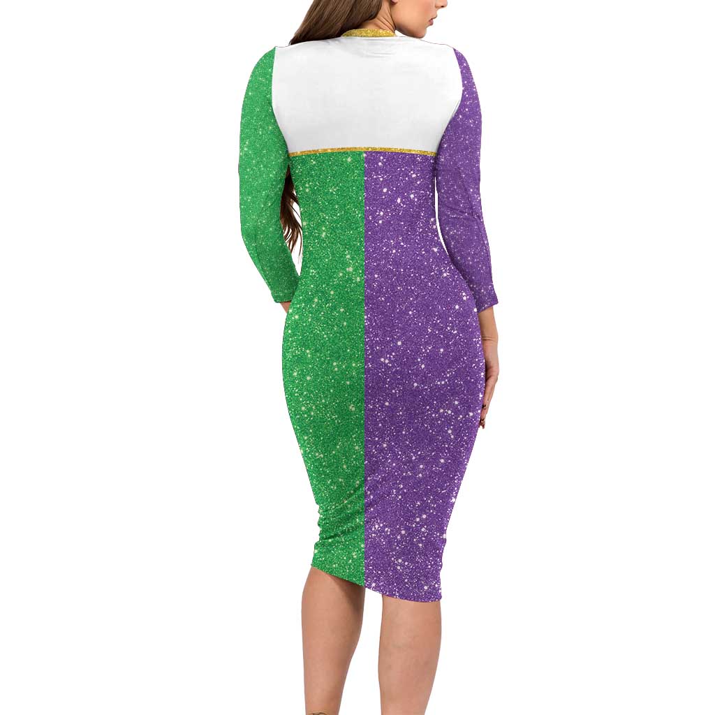 Mardi Gras Crown Long Sleeve Bodycon Dress Western Yoke Glitter Style