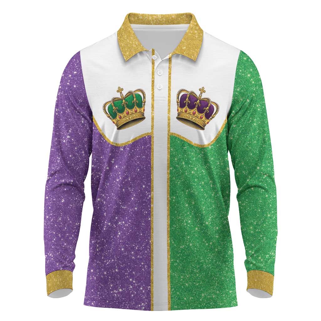 Mardi Gras Crown Long Sleeve Polo Shirt Western Yoke Glitter Style