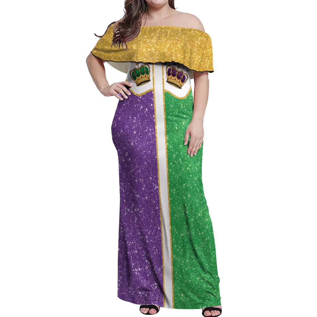 Mardi Gras Crown Off Shoulder Maxi Dress Western Yoke Glitter Style