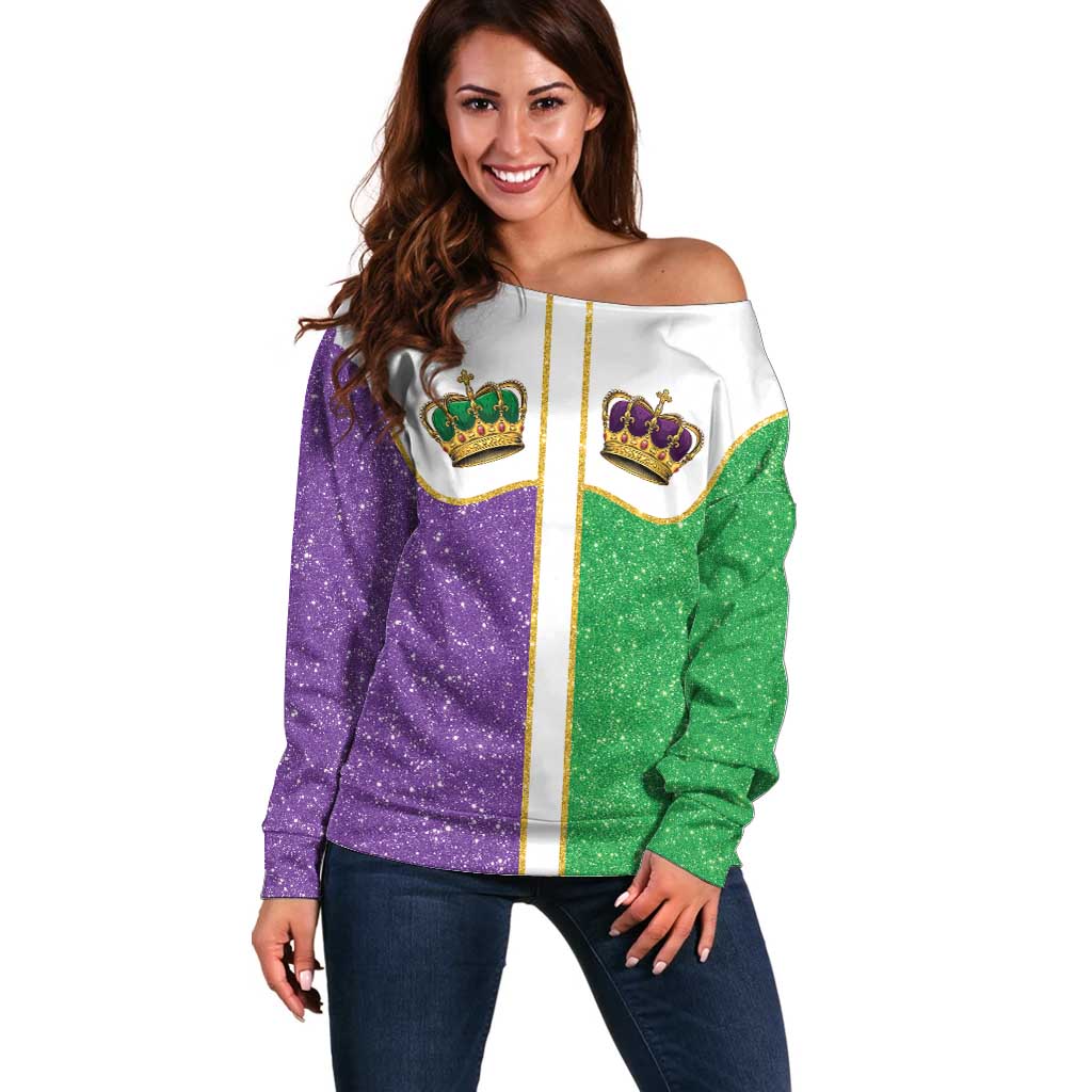 Mardi Gras Crown Off Shoulder Sweater Western Yoke Glitter Style