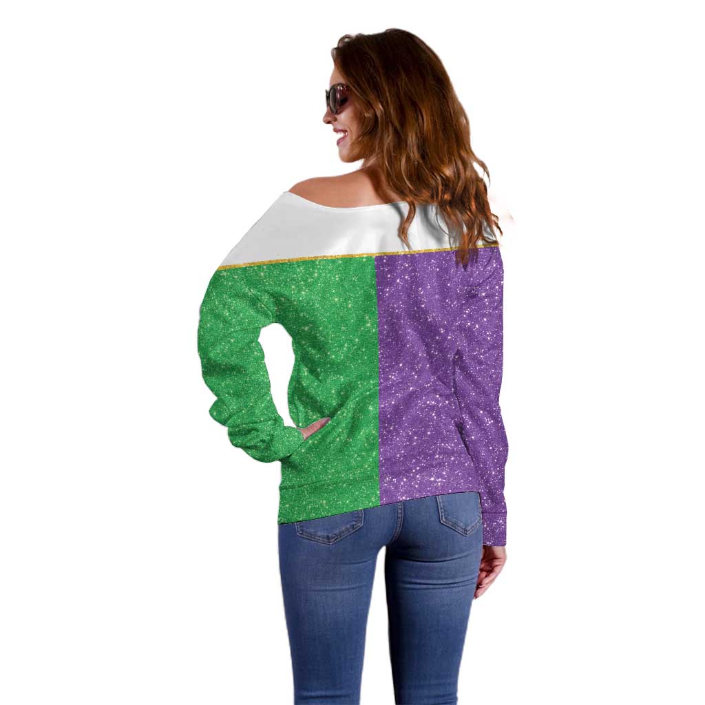 Mardi Gras Crown Off Shoulder Sweater Western Yoke Glitter Style