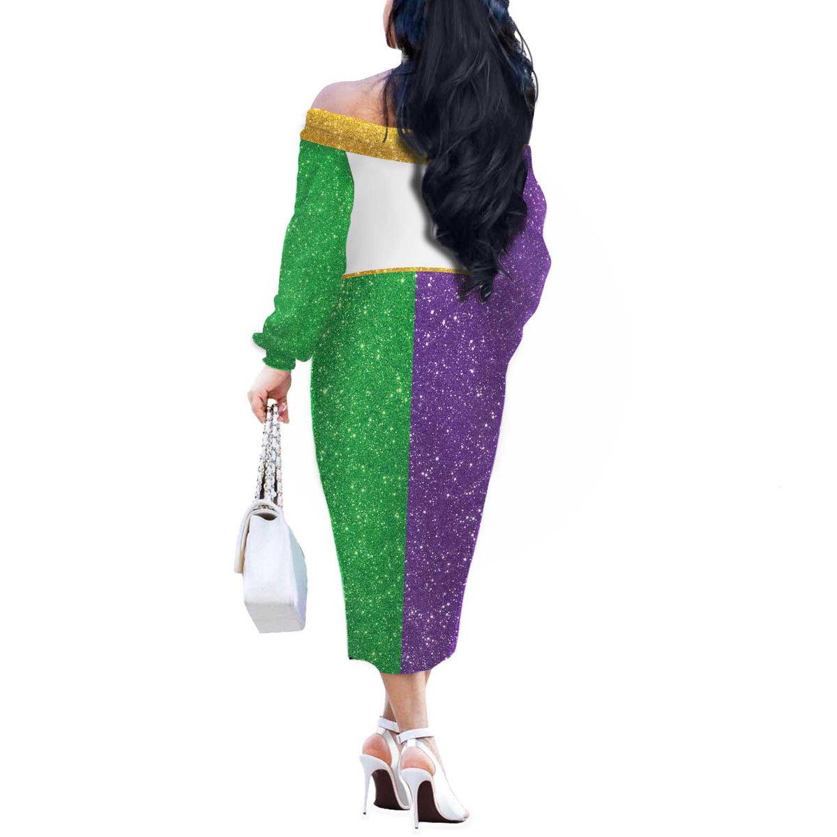 Mardi Gras Crown Off The Shoulder Long Sleeve Dress Western Yoke Glitter Style