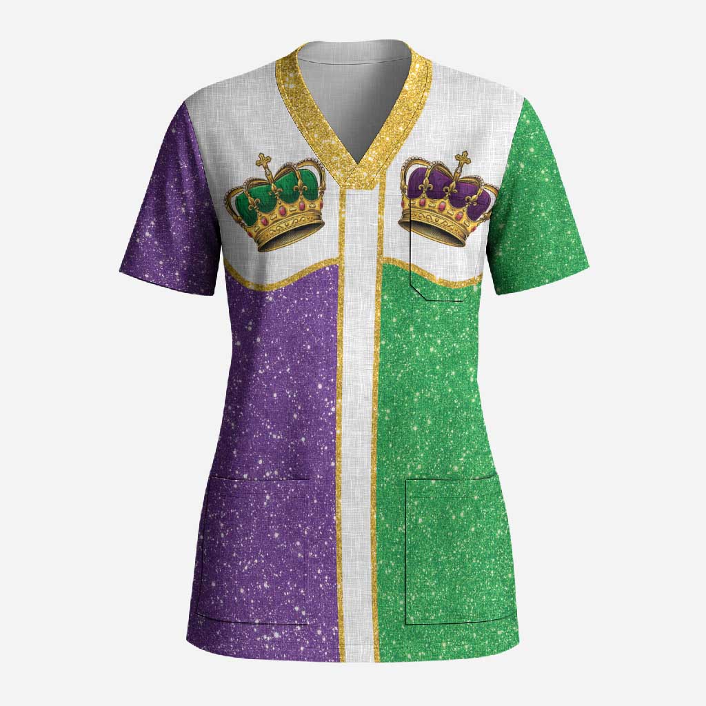 Mardi Gras Crown Scrub Top Western Yoke Glitter Style