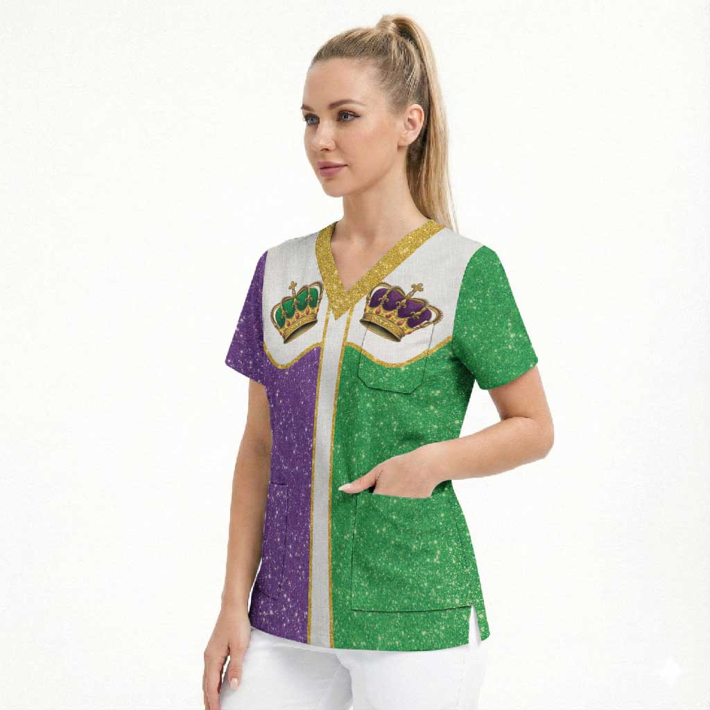 Mardi Gras Crown Scrub Top Western Yoke Glitter Style