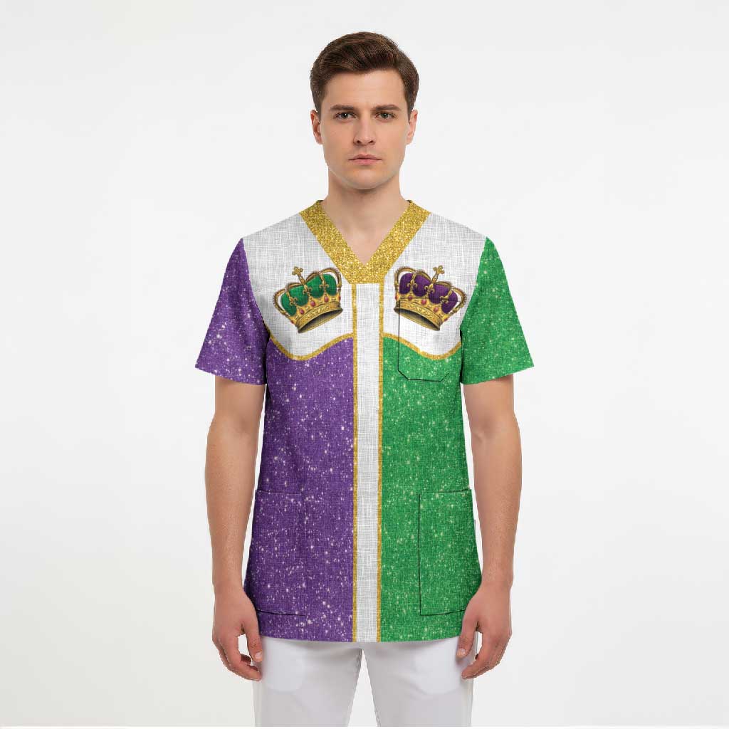 Mardi Gras Crown Scrub Top Western Yoke Glitter Style