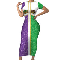 Mardi Gras Crown Short Sleeve Bodycon Dress Western Yoke Glitter Style