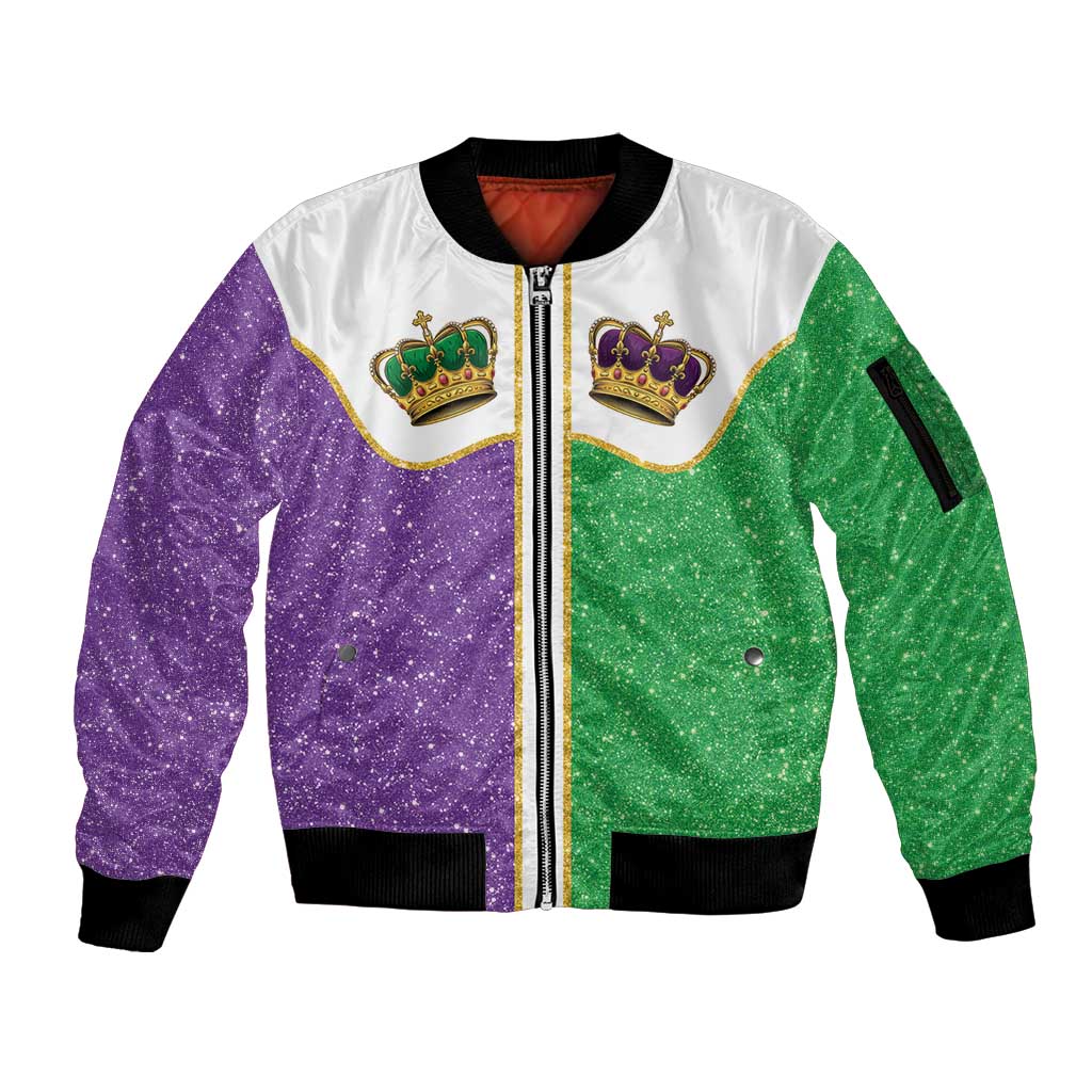 Mardi Gras Crown Sleeve Zip Bomber Jacket Western Yoke Glitter Style