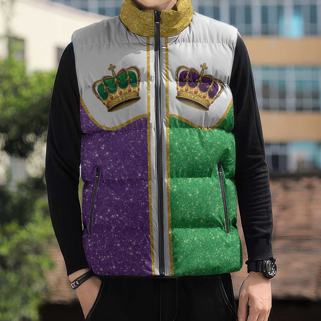 Mardi Gras Crown Sleeveless Puffer Jacket Western Yoke Glitter Style