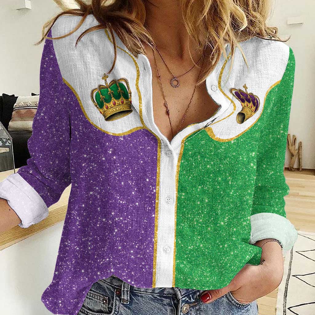 Mardi Gras Crown Women Casual Shirt Western Yoke Glitter Style