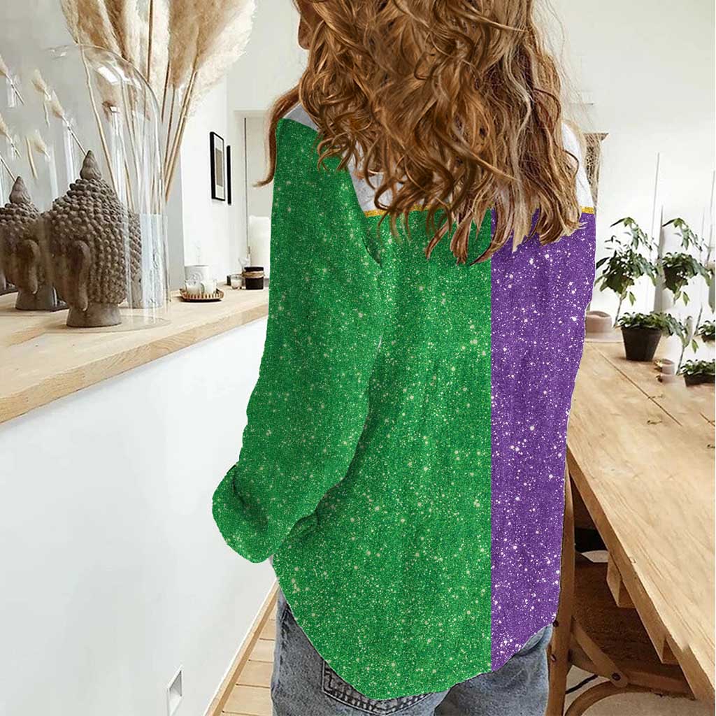 Mardi Gras Crown Women Casual Shirt Western Yoke Glitter Style