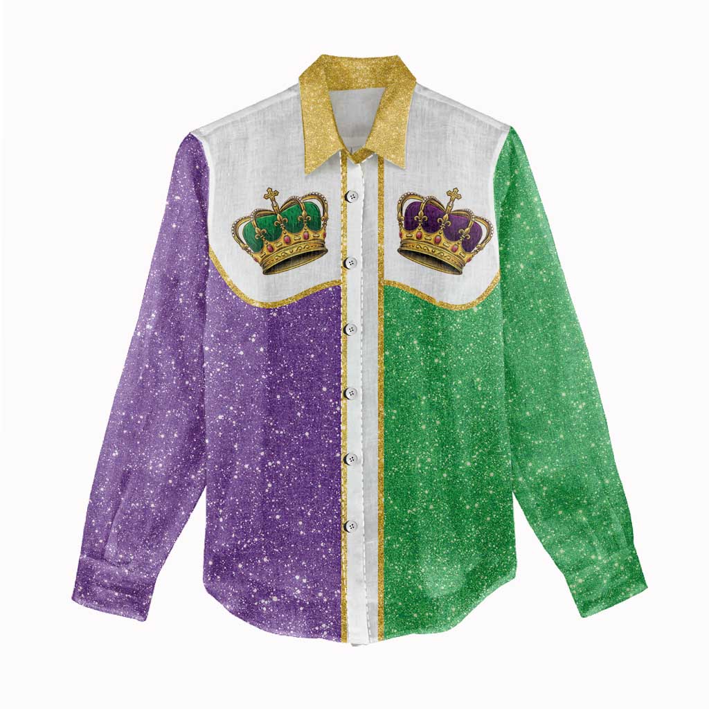Mardi Gras Crown Women Casual Shirt Western Yoke Glitter Style