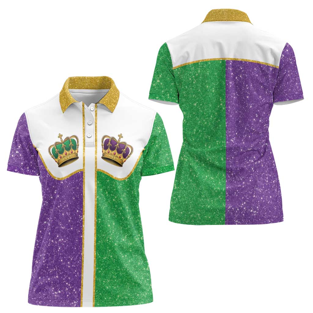 Mardi Gras Crown Women Polo Shirt Western Yoke Glitter Style