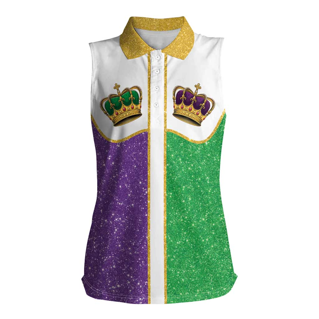 Mardi Gras Crown Women Sleeveless Polo Shirt Western Yoke Glitter Style
