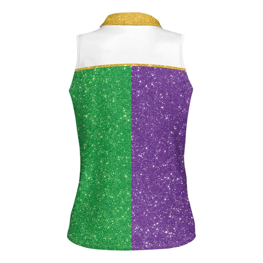 Mardi Gras Crown Women Sleeveless Polo Shirt Western Yoke Glitter Style