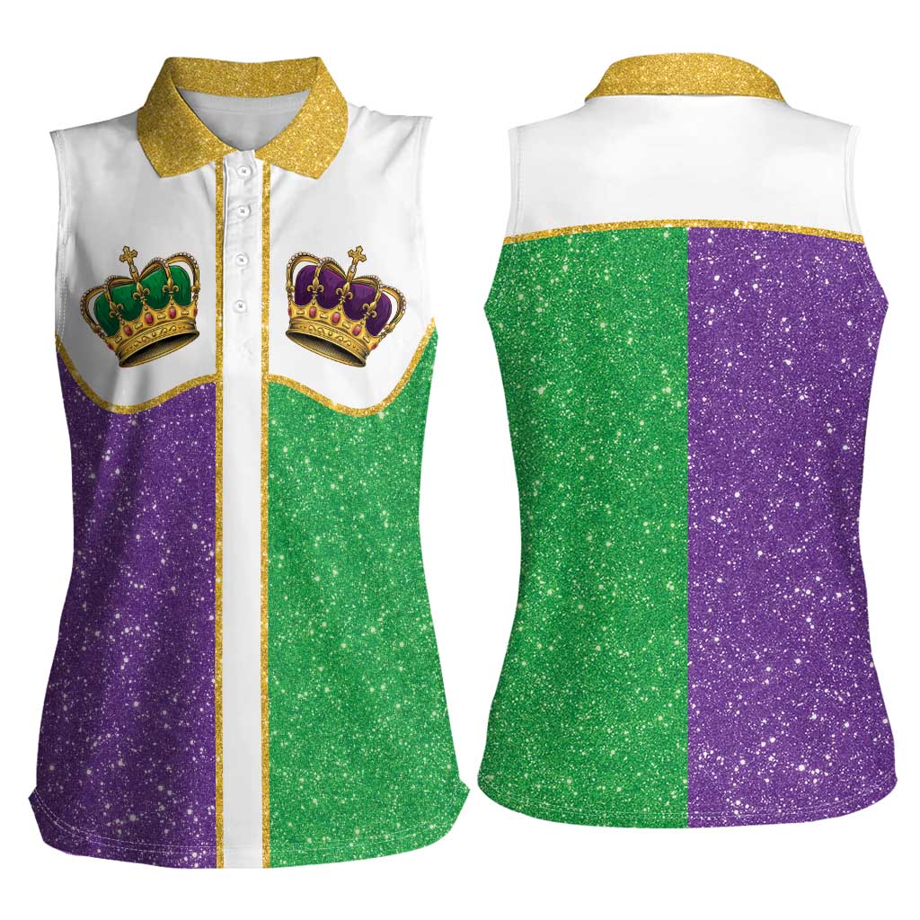 Mardi Gras Crown Women Sleeveless Polo Shirt Western Yoke Glitter Style