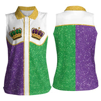 Mardi Gras Crown Women Sleeveless Polo Shirt Western Yoke Glitter Style