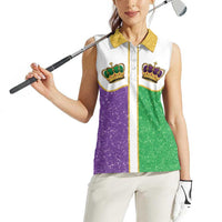 Mardi Gras Crown Women Sleeveless Polo Shirt Western Yoke Glitter Style