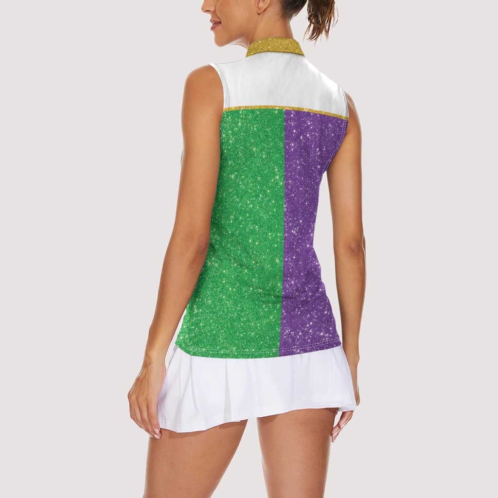 Mardi Gras Crown Women Sleeveless Polo Shirt Western Yoke Glitter Style