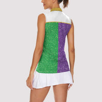 Mardi Gras Crown Women Sleeveless Polo Shirt Western Yoke Glitter Style