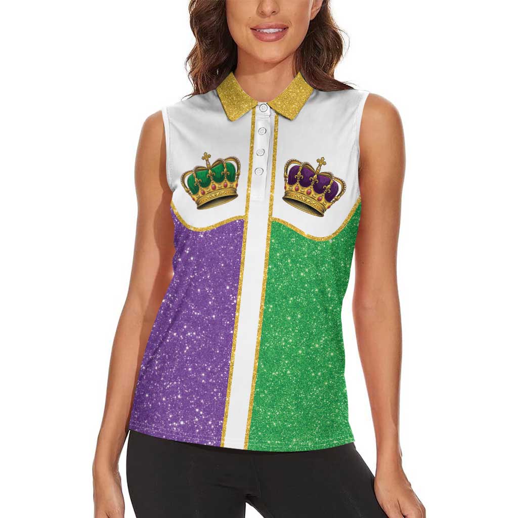 Mardi Gras Crown Women Sleeveless Polo Shirt Western Yoke Glitter Style