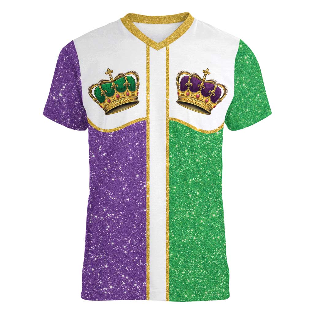 Mardi Gras Crown Women V-Neck T-Shirt Western Yoke Glitter Style