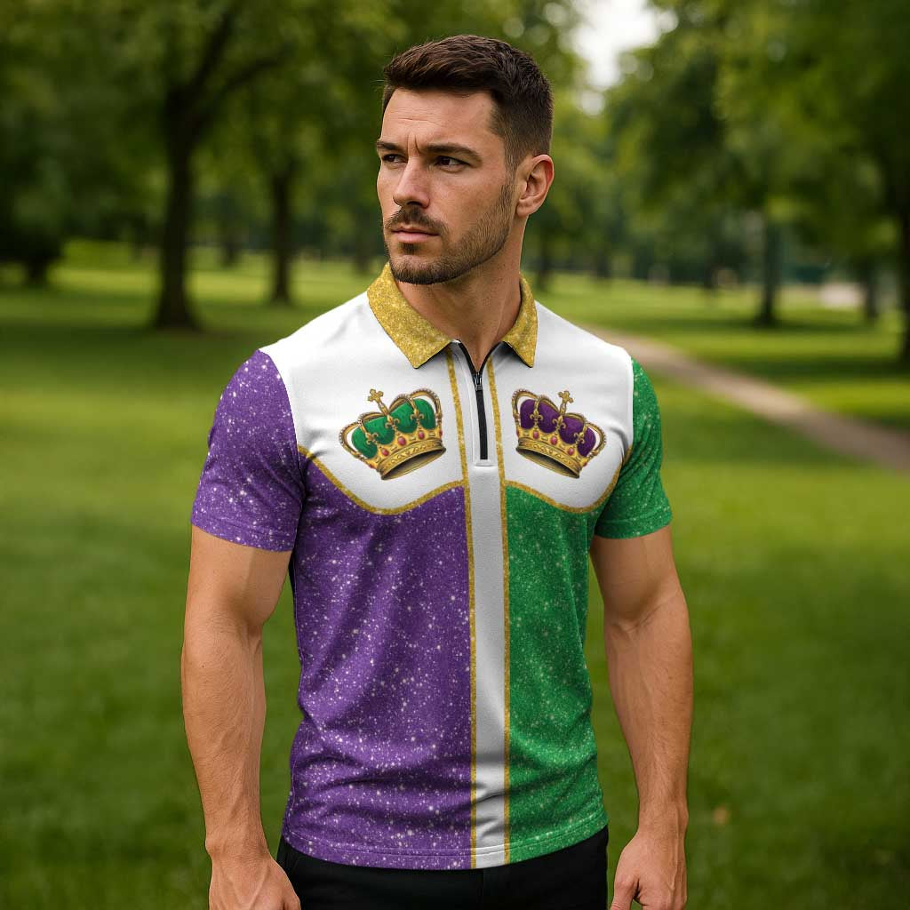 Mardi Gras Crown Zipper Polo Shirt Western Yoke Glitter Style