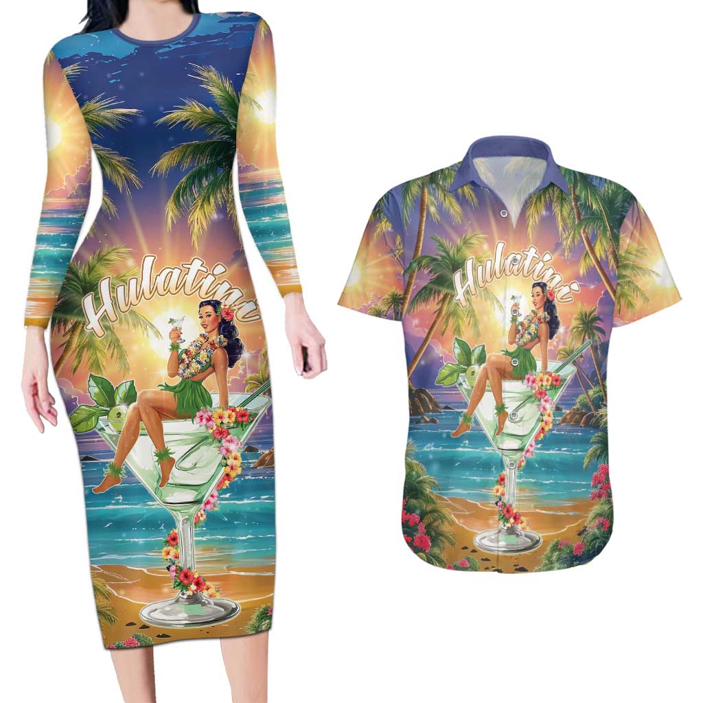 Aloha Hawaii Couples Matching Long Sleeve Bodycon Dress and Hawaiian Shirt Hula Martini Tropical Vibes - Wonder Print Shop