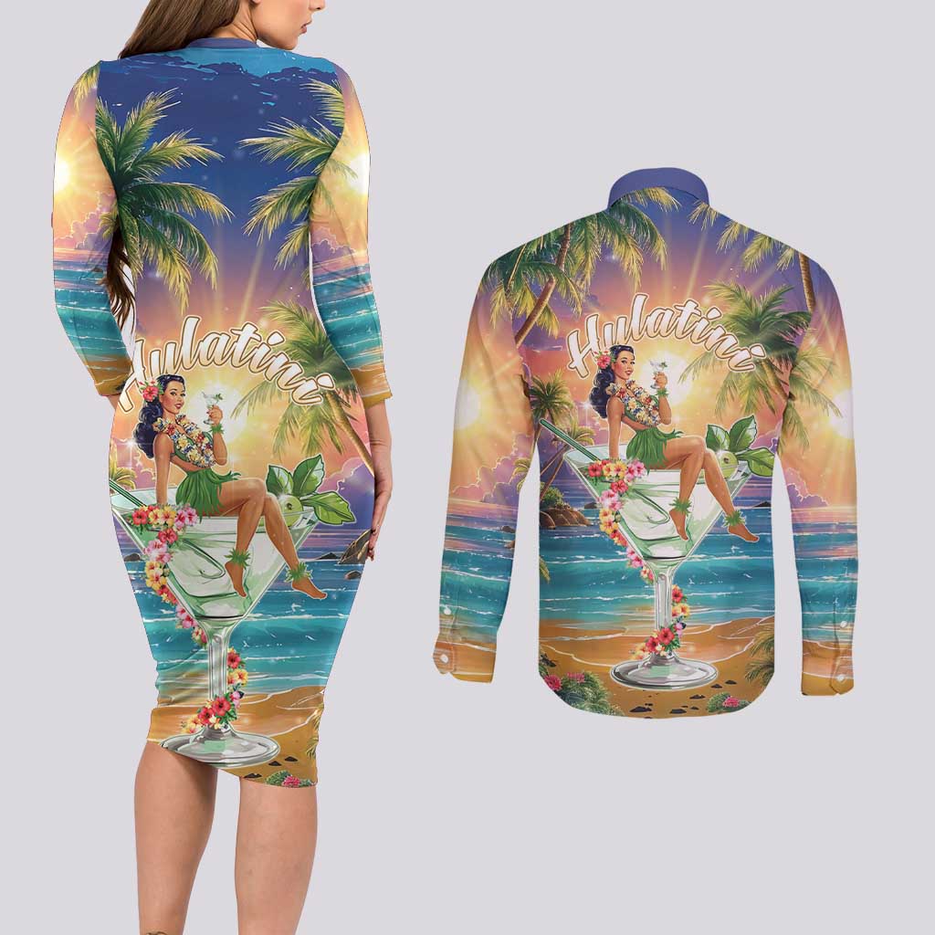 Aloha Hawaii Couples Matching Long Sleeve Bodycon Dress and Long Sleeve Button Shirt Hula Martini Tropical Vibes - Wonder Print Shop