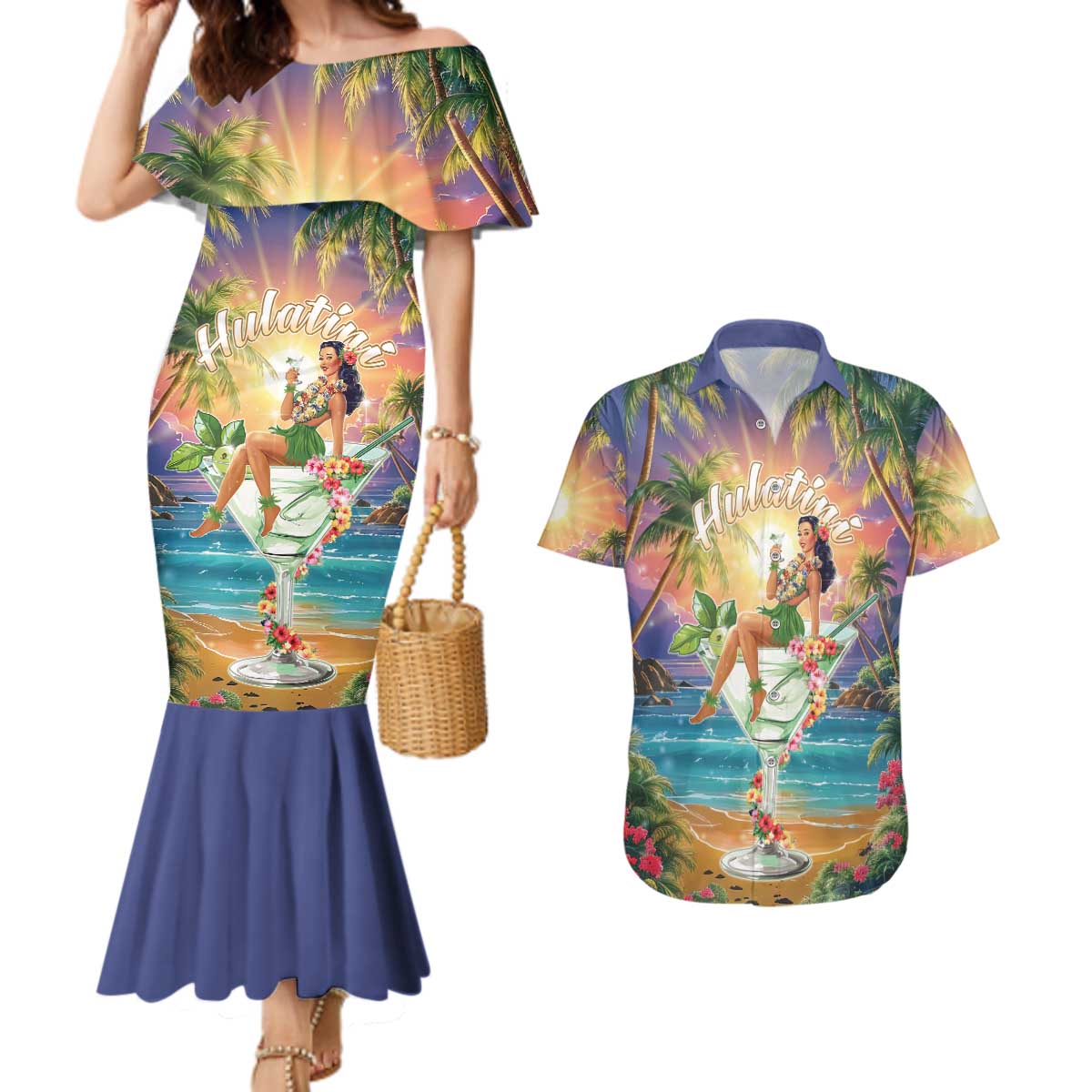 Aloha Hawaii Couples Matching Mermaid Dress and Hawaiian Shirt Hula Martini Tropical Vibes - Wonder Print Shop