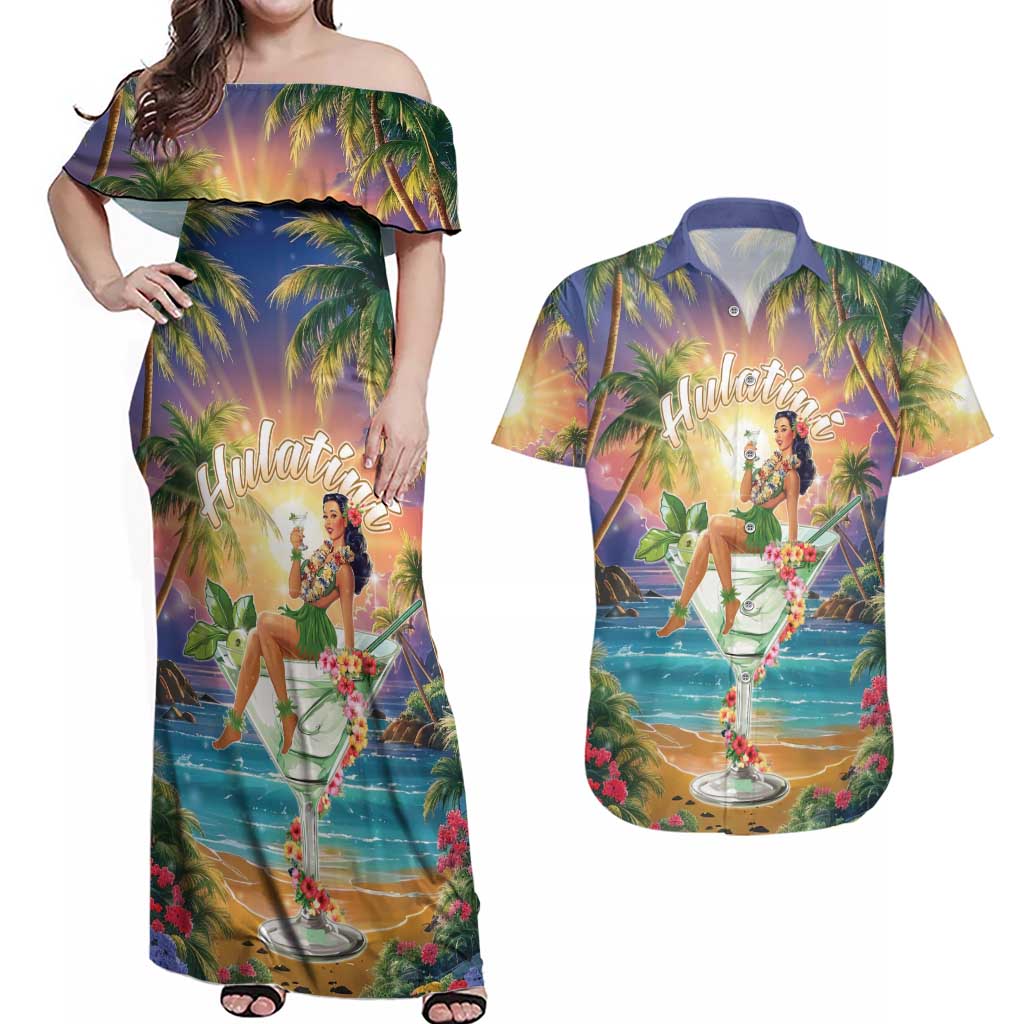 Aloha Hawaii Couples Matching Off Shoulder Maxi Dress and Hawaiian Shirt Hula Martini Tropical Vibes - Wonder Print Shop