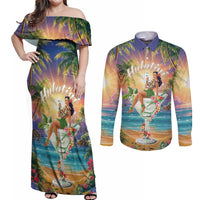 Aloha Hawaii Couples Matching Off Shoulder Maxi Dress and Long Sleeve Button Shirt Hula Martini Tropical Vibes - Wonder Print Shop