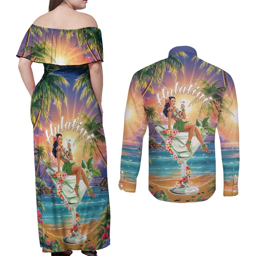 Aloha Hawaii Couples Matching Off Shoulder Maxi Dress and Long Sleeve Button Shirt Hula Martini Tropical Vibes - Wonder Print Shop