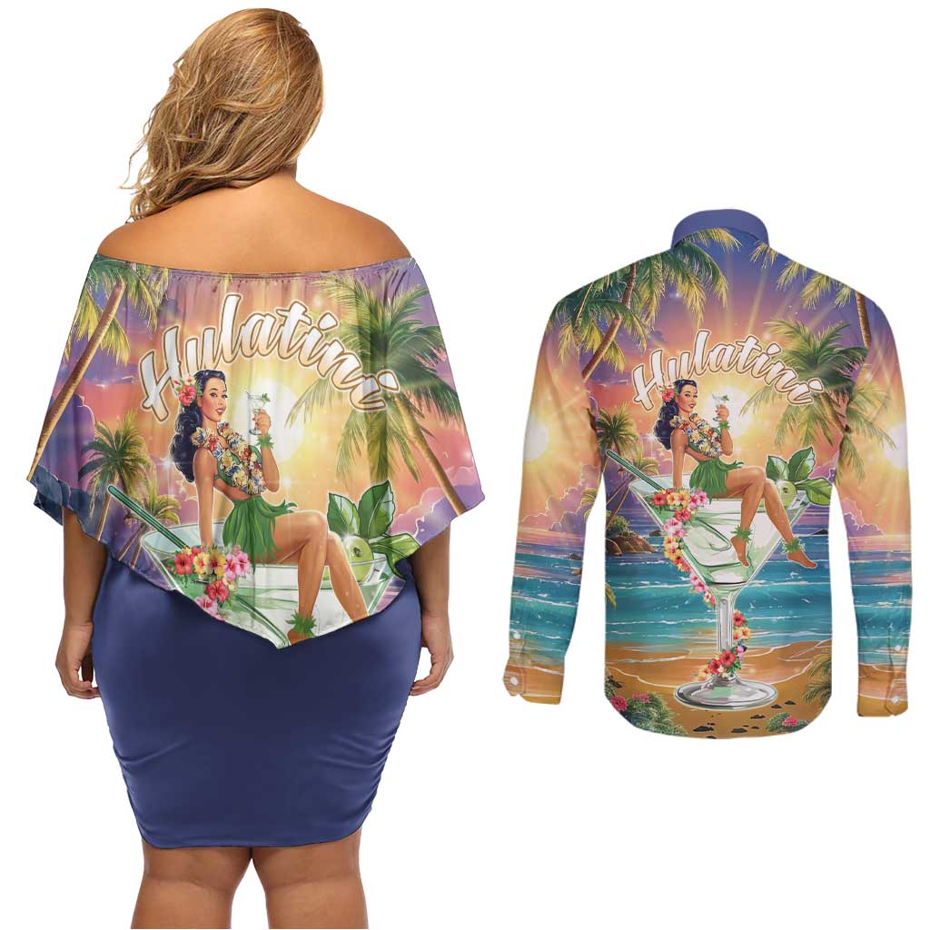 Aloha Hawaii Couples Matching Off Shoulder Short Dress and Long Sleeve Button Shirt Hula Martini Tropical Vibes - Wonder Print Shop