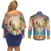 Aloha Hawaii Couples Matching Off Shoulder Short Dress and Long Sleeve Button Shirt Hula Martini Tropical Vibes - Wonder Print Shop