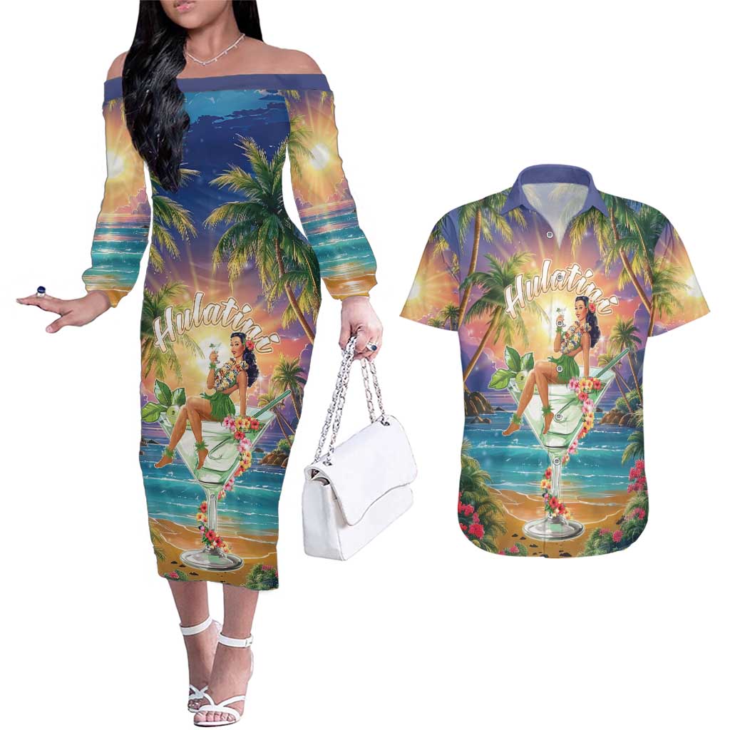 Aloha Hawaii Couples Matching Off The Shoulder Long Sleeve Dress and Hawaiian Shirt Hula Martini Tropical Vibes - Wonder Print Shop