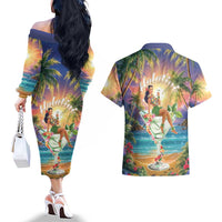 Aloha Hawaii Couples Matching Off The Shoulder Long Sleeve Dress and Hawaiian Shirt Hula Martini Tropical Vibes - Wonder Print Shop