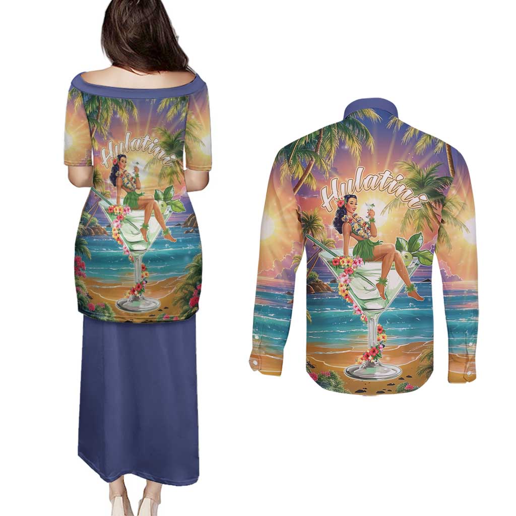 Aloha Hawaii Couples Matching Puletasi and Long Sleeve Button Shirt Hula Martini Tropical Vibes - Wonder Print Shop
