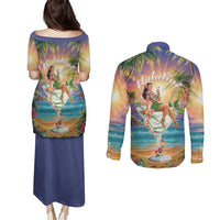 Aloha Hawaii Couples Matching Puletasi and Long Sleeve Button Shirt Hula Martini Tropical Vibes - Wonder Print Shop