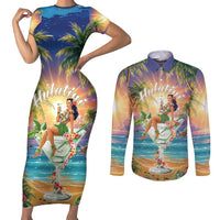 Aloha Hawaii Couples Matching Short Sleeve Bodycon Dress and Long Sleeve Button Shirt Hula Martini Tropical Vibes - Wonder Print Shop