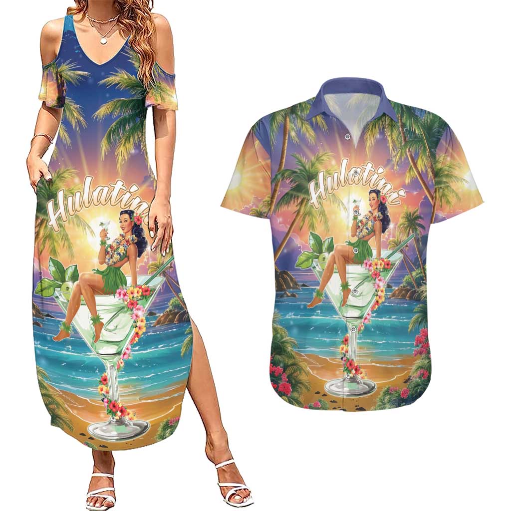 Aloha Hawaii Couples Matching Summer Maxi Dress and Hawaiian Shirt Hula Martini Tropical Vibes - Wonder Print Shop