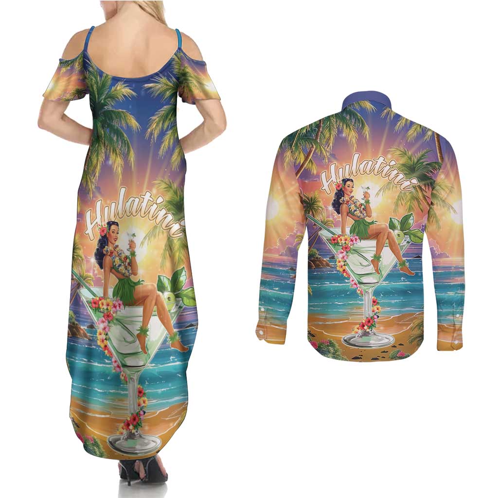 Aloha Hawaii Couples Matching Summer Maxi Dress and Long Sleeve Button Shirt Hula Martini Tropical Vibes - Wonder Print Shop
