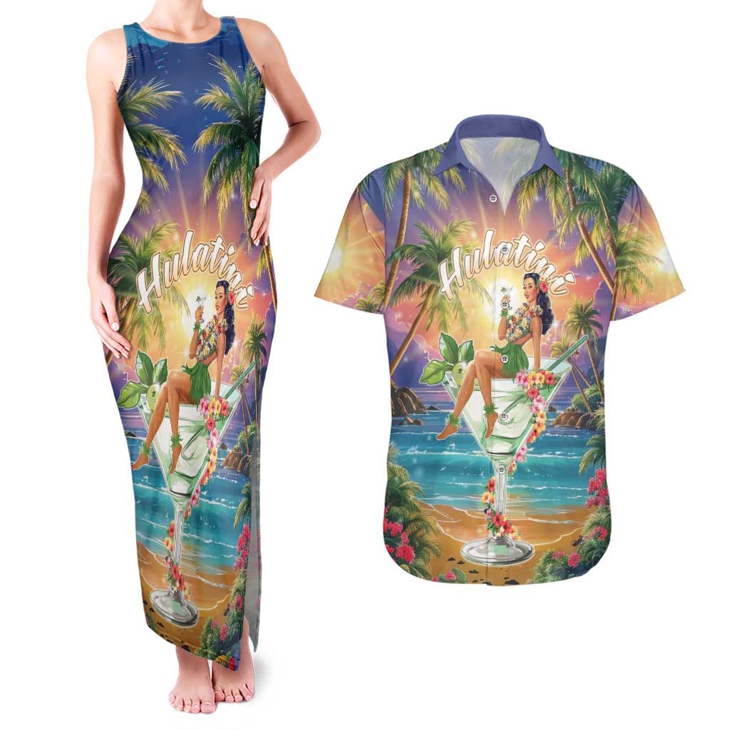 Aloha Hawaii Couples Matching Tank Maxi Dress and Hawaiian Shirt Hula Martini Tropical Vibes - Wonder Print Shop