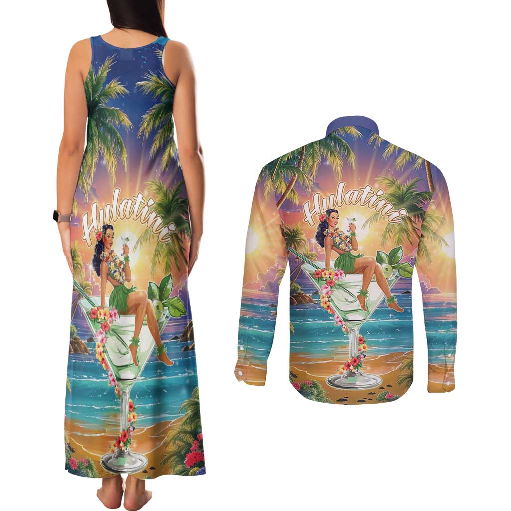 Aloha Hawaii Couples Matching Tank Maxi Dress and Long Sleeve Button Shirt Hula Martini Tropical Vibes - Wonder Print Shop