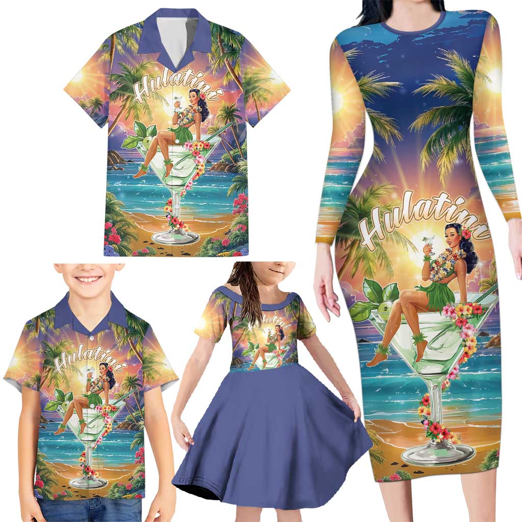 Aloha Hawaii Family Matching Long Sleeve Bodycon Dress and Hawaiian Shirt Hula Martini Tropical Vibes - Wonder Print Shop
