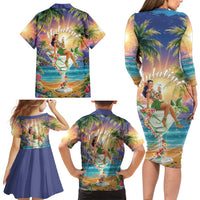 Aloha Hawaii Family Matching Long Sleeve Bodycon Dress and Hawaiian Shirt Hula Martini Tropical Vibes - Wonder Print Shop