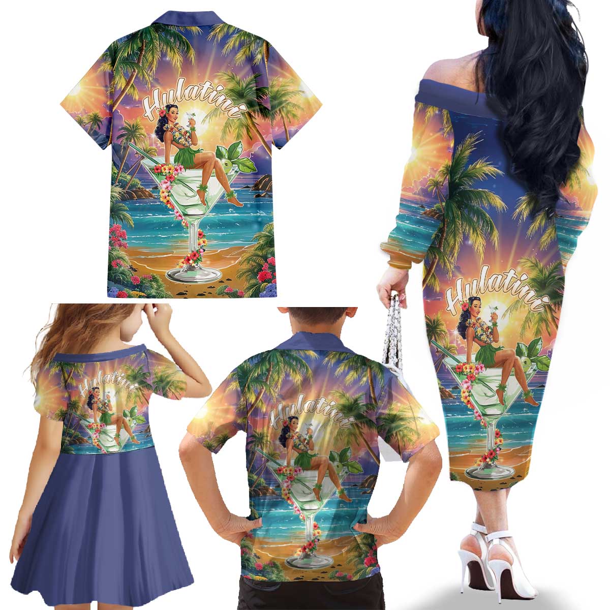 Aloha Hawaii Family Matching Off The Shoulder Long Sleeve Dress and Hawaiian Shirt Hula Martini Tropical Vibes - Wonder Print Shop