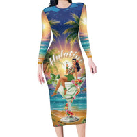 Aloha Hawaii Long Sleeve Bodycon Dress Hula Martini Tropical Vibes - Wonder Print Shop
