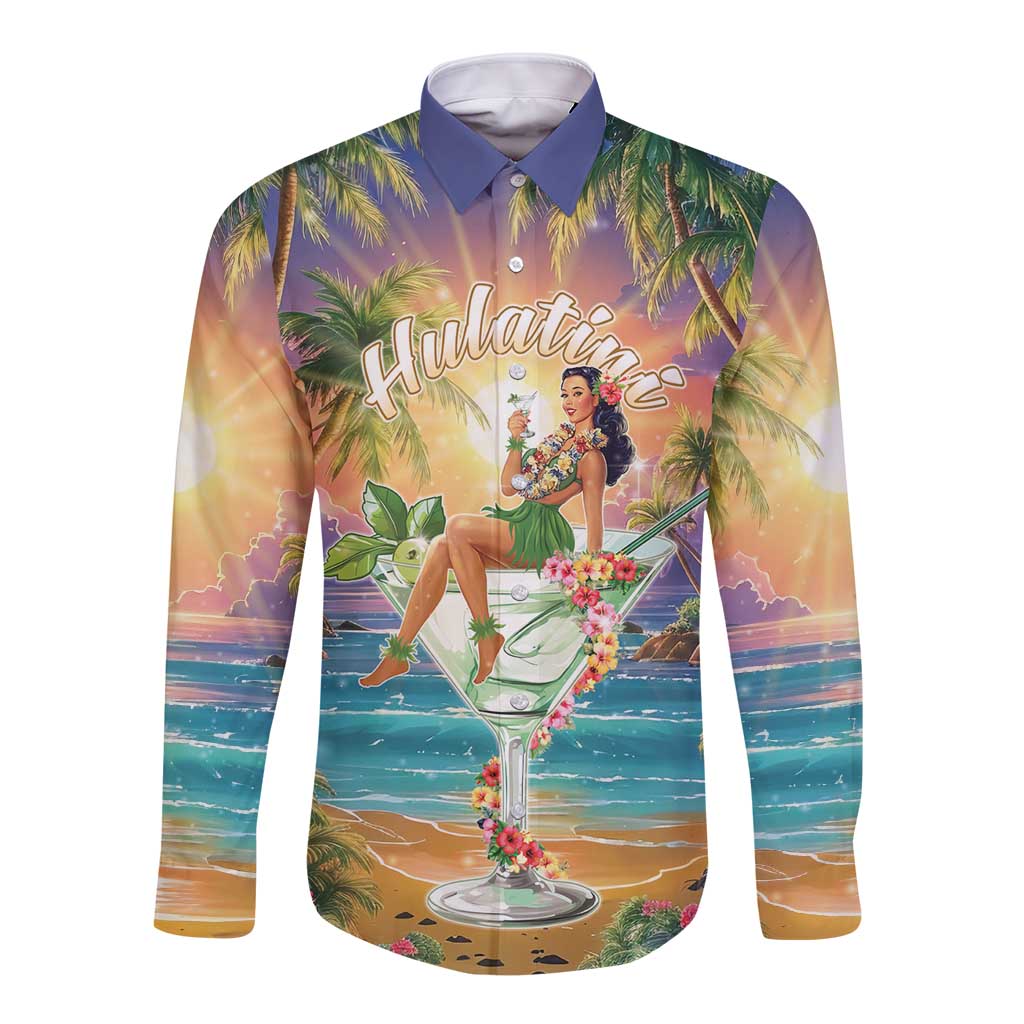 Aloha Hawaii Long Sleeve Button Shirt Hula Martini Tropical Vibes - Wonder Print Shop
