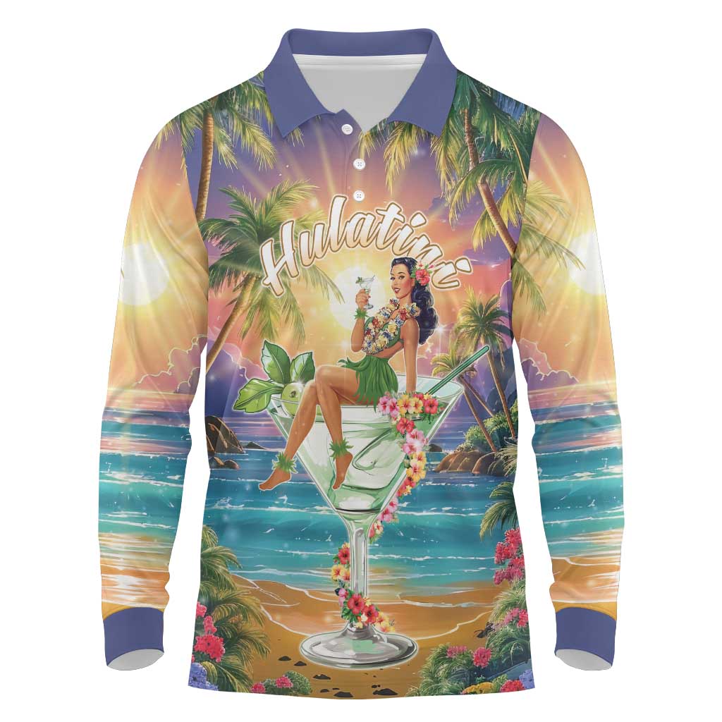 Aloha Hawaii Long Sleeve Polo Shirt Hula Martini Tropical Vibes - Wonder Print Shop
